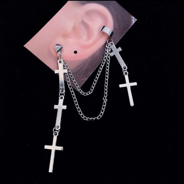 

clip-on & screw back personality 1 pcs metal chain cross tassel clip on earrings ear cuff punk stud, Silver