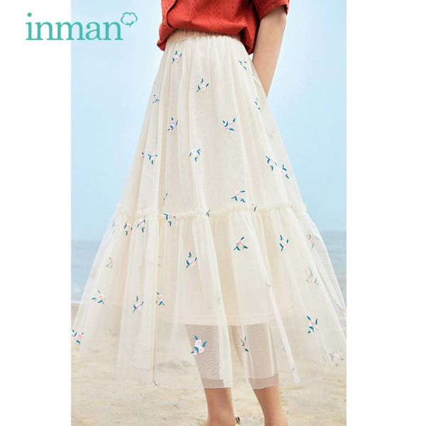 

skirts inman sweet pure style fairycore skirt eleangt lady girl kawaii gauze flower floral embroidery a line stretchable waist bottom, Black