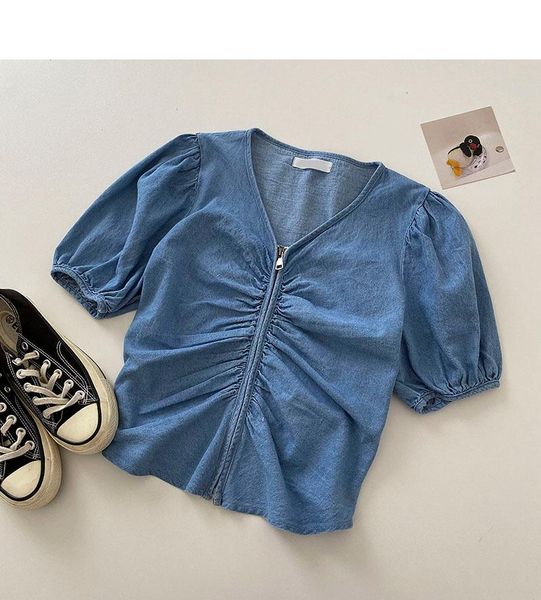 

women's blouses & shirts summer korean retro zipper folds short puff sleeves v-neck denim shirt, White