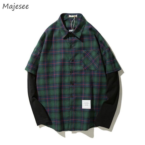 

men shirts fake two pieces plaid long sleeve plus size 3xl mens korean style simple leisure ins streetwear loose harajuku chic men's ca, White;black