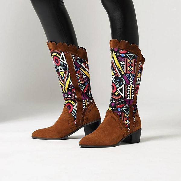 

boots ethnic style for women 2021 retro knee ladies casual high heel shoes zapatos de mujer plus size vintage woman winter1, Black