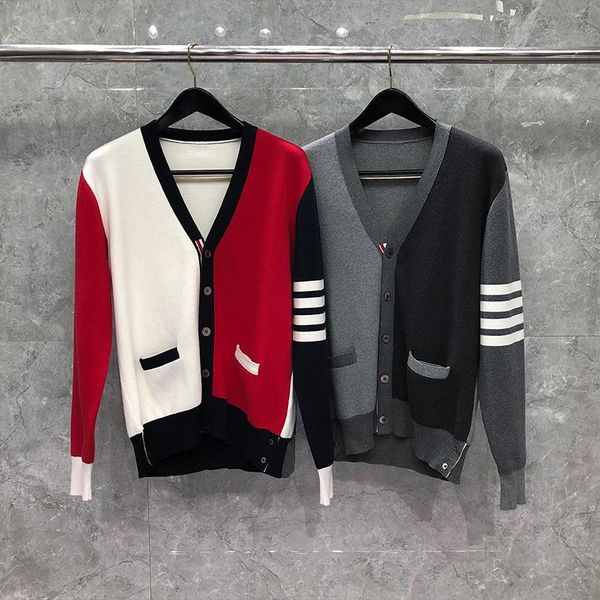 

men's sweaters 2021 fashion brand men slim fit v-neck cardigans clothing patchwork striped cotton autumn winter casual coat, White;black