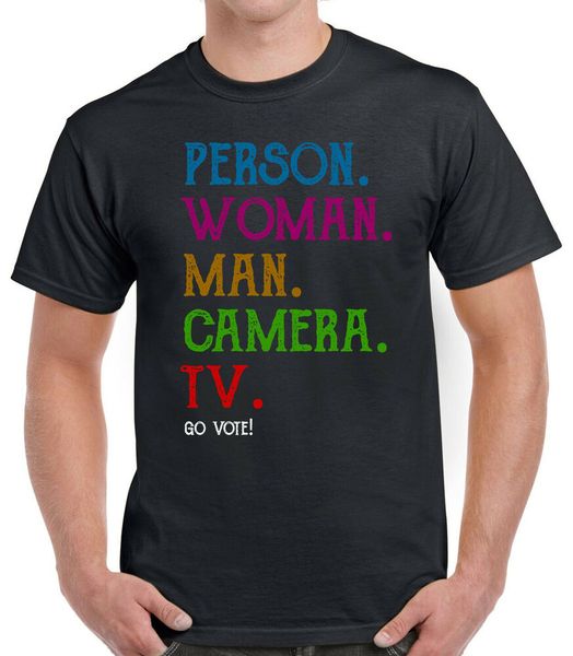 

person woman man camera tv go vote cognitive test t-shirt, White;black