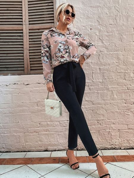 

floral print button front blouse & tie front pants n86v#, White