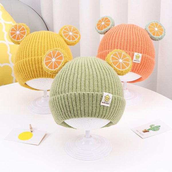 

caps & hats autumn winter warm knitted baby hat fruit embroidery kid toddler beanies cap soft ear protection crochet born girl boy bonnet, Yellow