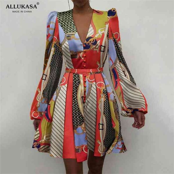 

2021 spring solid color mini dress v neck high waist line lantern long sleeve floral print women vintage full dress2021 spr, Black;gray