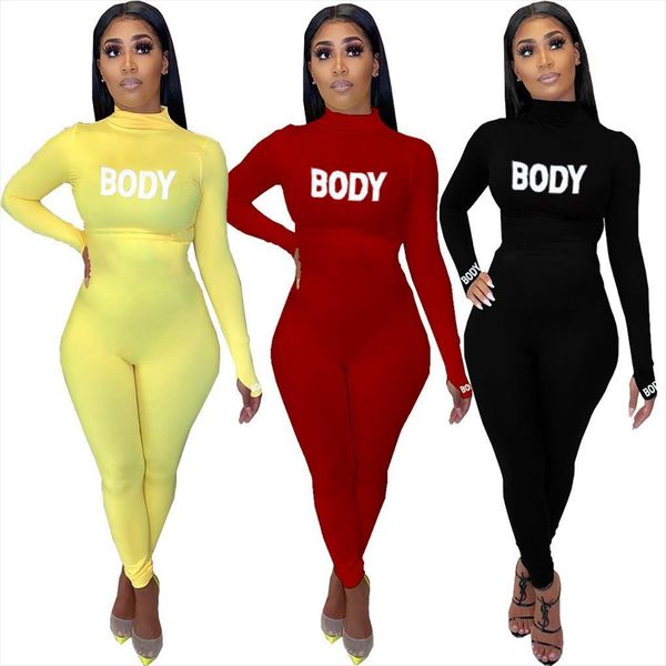 

fitness solid letter print bodycon women jumpsuits turtleneck long sleeve leggings body clothing, Black;white