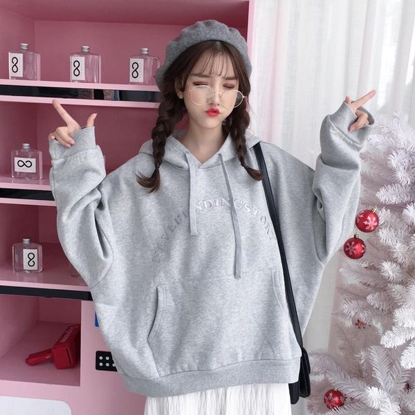 

women's hoodies & sweatshirts 2021 autumn winter thicken ulzzang hooded women sweet letter embroidery batwing student harajuku warm, Black
