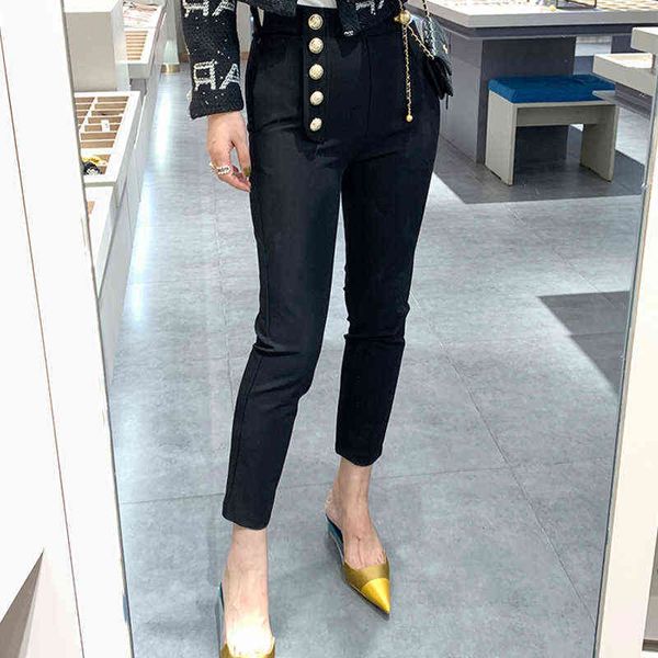 Design clássico exclusivo mulheres skinny lápis calças ouro botões de cintura alta qualidade elástico tecido maciço tornozelo-comprimento casual 211124