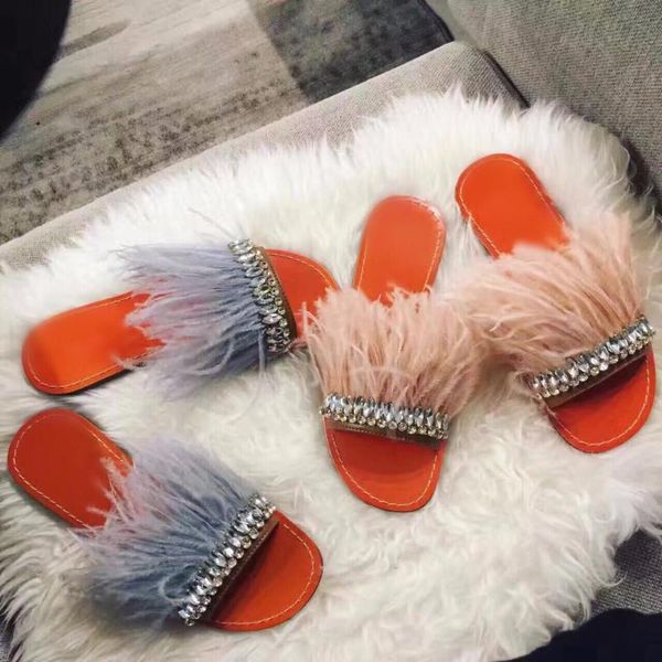 

arrival crystal feather embellished slippers beach vocation summer dress shoes flat slides women sandals wholesale, Black