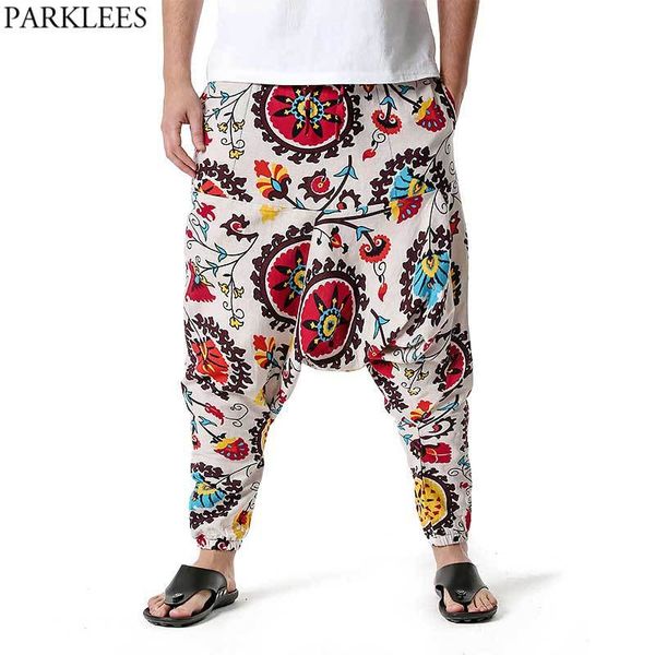 Homens Baggy Hippie Boho Yoga Harem Calças Floral Imprimir Calças De Crotch Calças Casuais Respirável Algodão Linho Sweatpants 210522