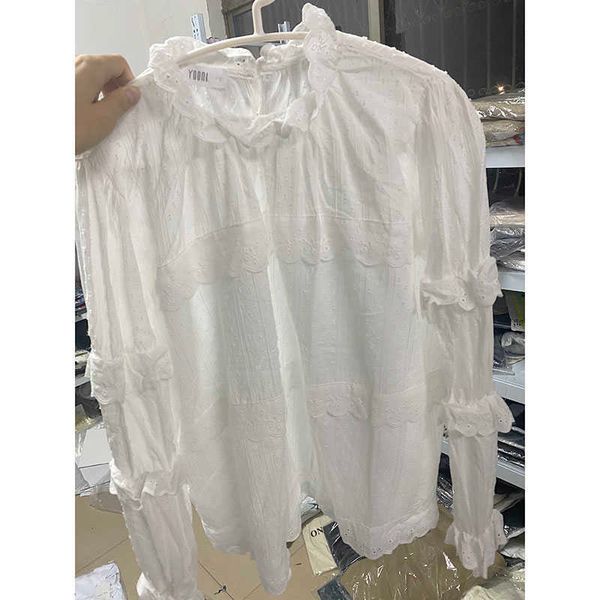 Grande venda primavera e verão moda coreana casual t - shirts retro confortável algodão lace stand colar camisetas 210615
