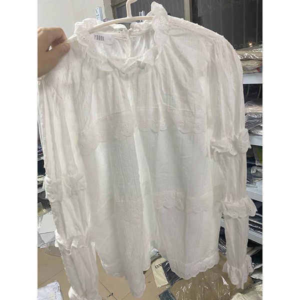 

spring and summer korean fashion casual loose t-shirts retro comfortable cotton lace stand collar t-shirts 210615, White