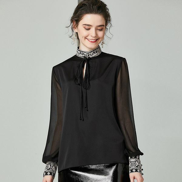 

pants spring fashion black shirts women stand neck vintage embroidery patchwork long sleeve silk shirt female, White
