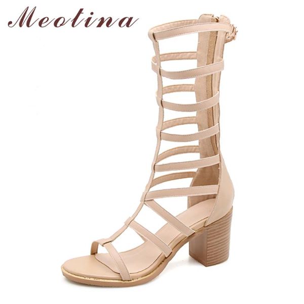 

dress shoes meotina gladiator women sandals natural genuine leather thick high heels real zipper summer size 3-9, Black