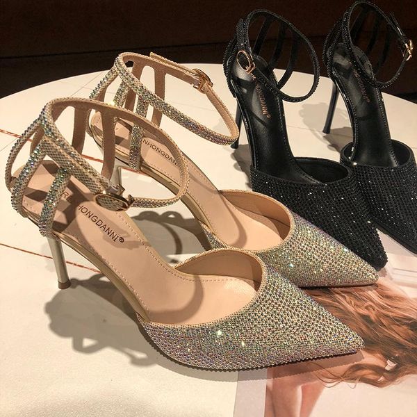 

sandals pointed stiletto with rhinestone temperament women's high-heeled summer solid color baotou sandals., Black