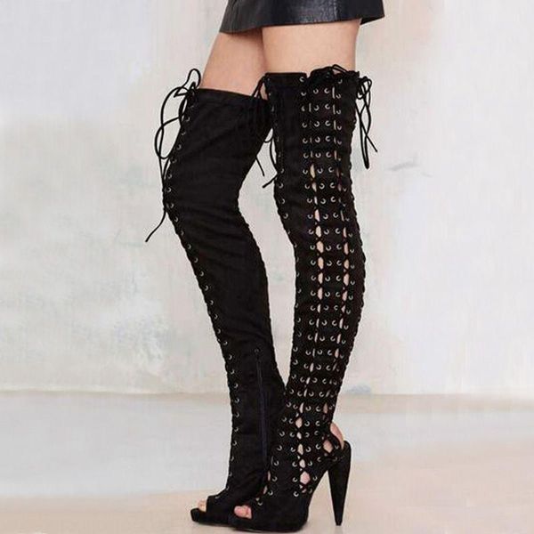 

boots lace up thigh high cross tied peep toe cut outs gladiator over the knee booty club women summer party dress shoes, Black