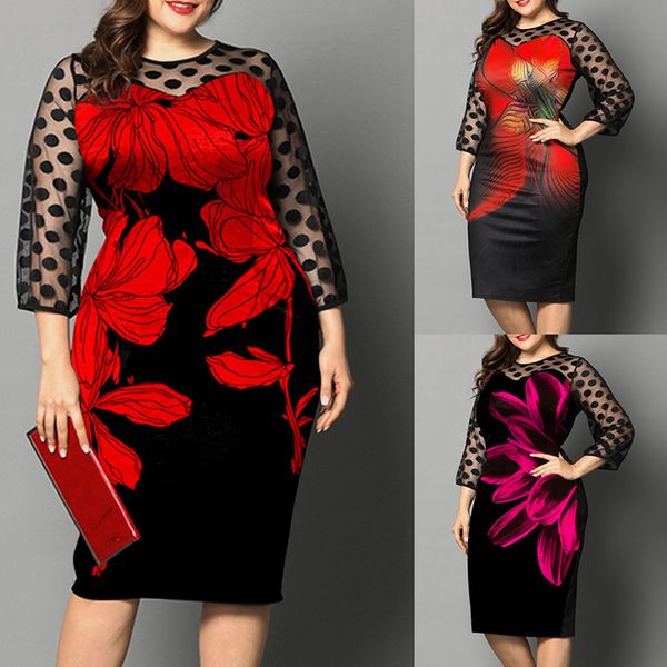 

2021sale polka dot mesh transparent stitching printed dress women elegant floral plus size vintage nine point sleeve party dress d30, Black;gray