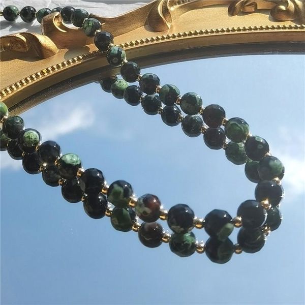 

chokers fashion simple handmade beaded dark green stone short necklace feminine temperament, Golden;silver