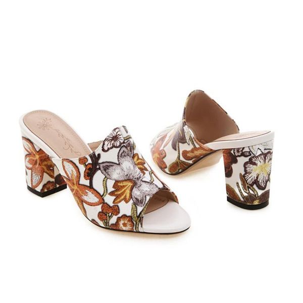 

slippers plus size floral printing high heel slides summer women mules shoes, Black