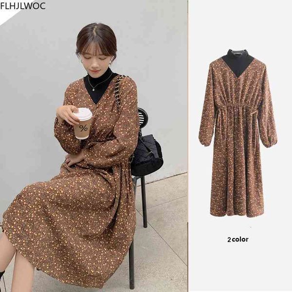 

casual dresses chic korea fenimine vestidos women fashion elegant patchwork floral printed retro vintage faux two piece cotton cor, Black;gray
