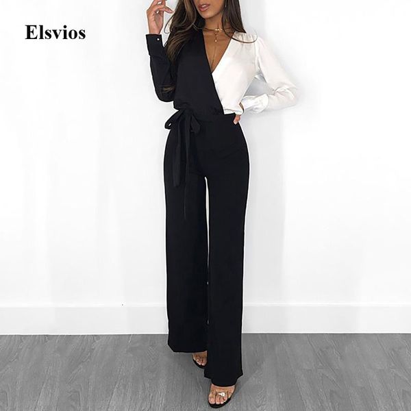 

women's jumpsuits & rompers 2021 spring fashion patchwork long sleeve jumpsuit women v neck lace-up romper summer elegant wid, Black;white