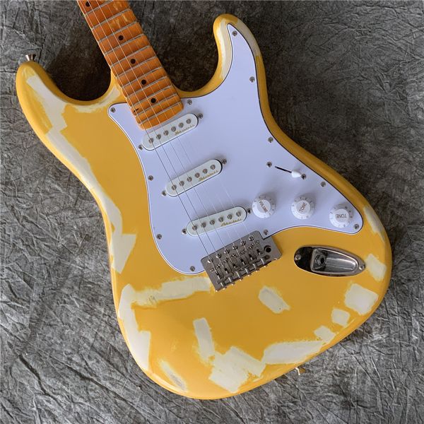 

relic st electric guitar cream yellow color maple scalloped fingerboard big headstock 100% man made