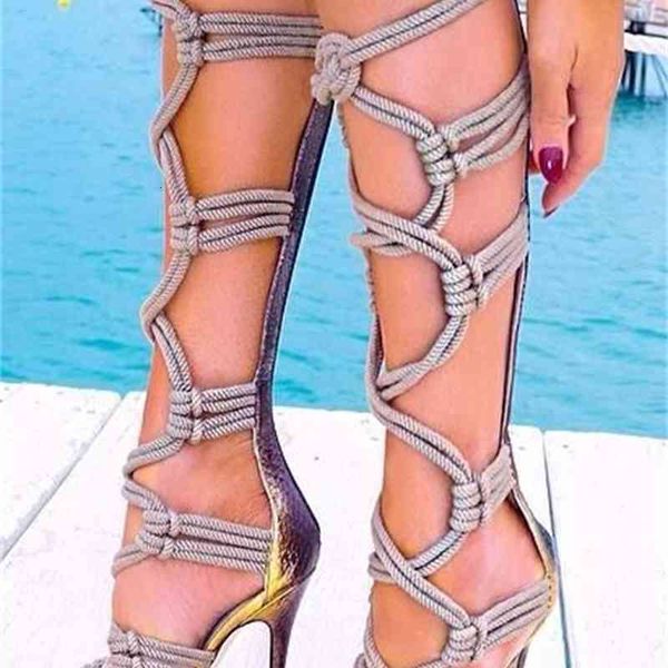 

boot brought fashion rope knee-high summer cut-out gladiator sandal woman high heels boots, Black