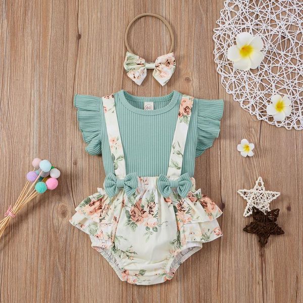 

born kids baby girls 3pcs sets floral printed clothes cotton t shirt suspenders shorts headband outfit set summer clothing, White