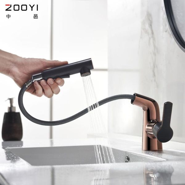 

bathroom sink faucets wholesale household basin rotary pull-out faucet rose gold chrome plated and cold mixing