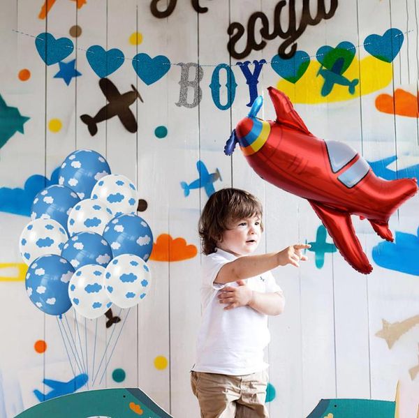 

inch hawaii sky theme kids birthday party blue white cloud balloon and boy airplane toy banner wedding decoration