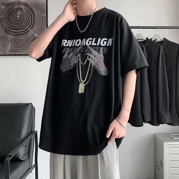 

men's t-shirts hip-hop t-shirt short-sleeved men's trend summer loose cotton clothes fashion printing ins half-sleeved temperament, White;black