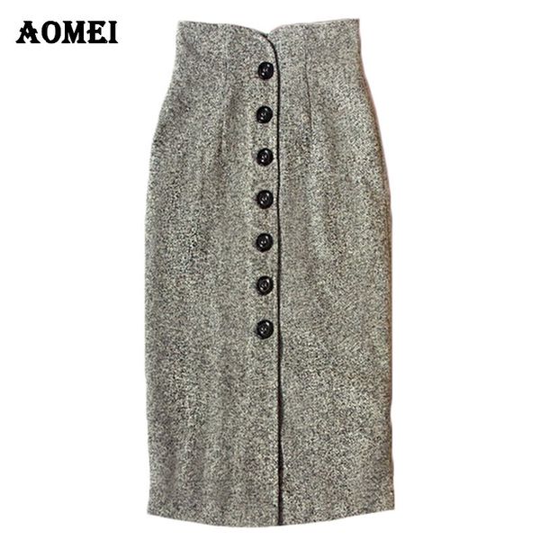 

women slim vintage high waist pencil woolen fall fashion winter ladies jupe button midi faldas saias gray all-match skirt 210416, Black