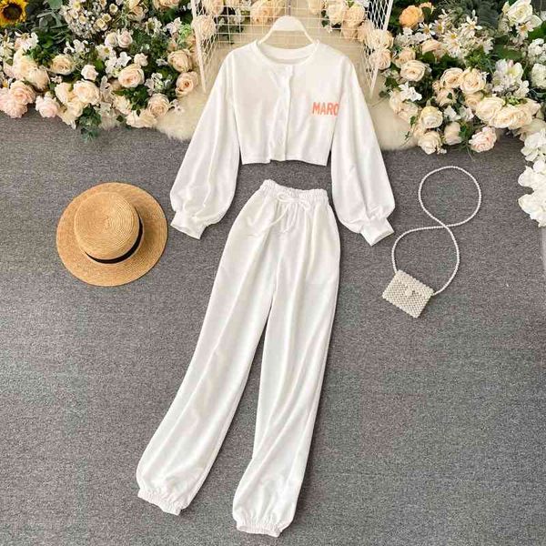 

casual tracksuit fashion two piece sets spring autumn crop high waist long pants sportsuits woman suits 210602, White
