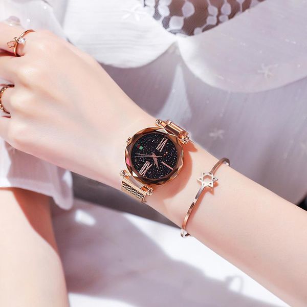

wristwatches selling women mesh magnet buckle starry sky watch casual luxury geometric surface quartz watches relogio feminino+box, Slivery;brown