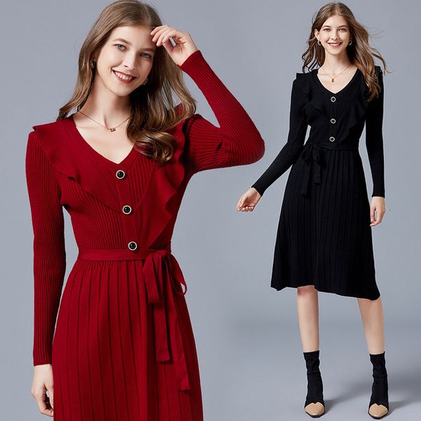 

bottomed knitted dress autumn winter 2021 aging ruffle trim slim v-neck waist, Black;gray