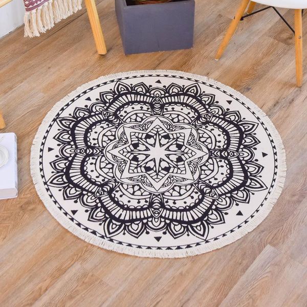 

carpets 90cm washable cotton linen handmade woven modern home round with tassel natural floor mat for bedroom kitchen non-slip area rugs