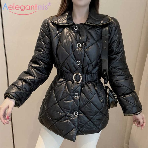

aelegantmis korean elegant sashes argyle thin coat women spring warm belt jacket female loose pearl button vintage parkas chic 210607, Black