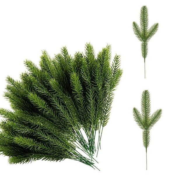 

50pcs artificial pine needles branches green plant for diy garland wreath christmas embellishing and home garden decor decorative flowers &