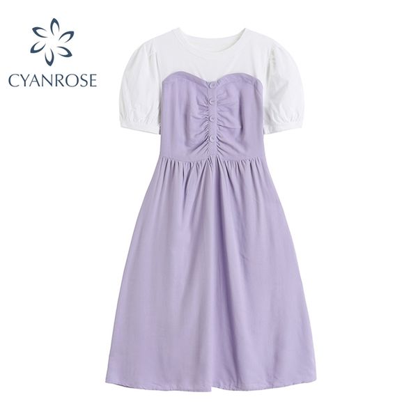 

patchwork women's dress retro contrast color korean elegant short sleeve summer midi dresses female o neck sweet casual frocks 210430, Black;gray