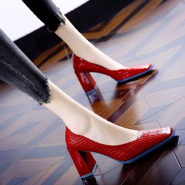 

dress shoes spring patent leather thick-heeled high-heeled ol work square head shallow mouth all-match banquet women single shoe, Black