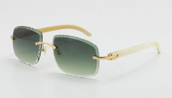 Randlose Metall-Sonnenbrille mit geschnitzten Gläsern, Luxus-Sonnenbrille für Damen, Unisex, quadratisch, T8200762, weiße Sonnenbrille aus echtem Büffelhorn, männlich und weiblich, 18 Karat 6902