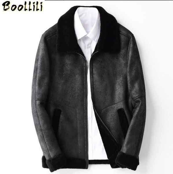 

men's leather & faux boollili real fur coat winter jacket men sheep shearling 100% wool warmjackets chaqueta hombre, Black