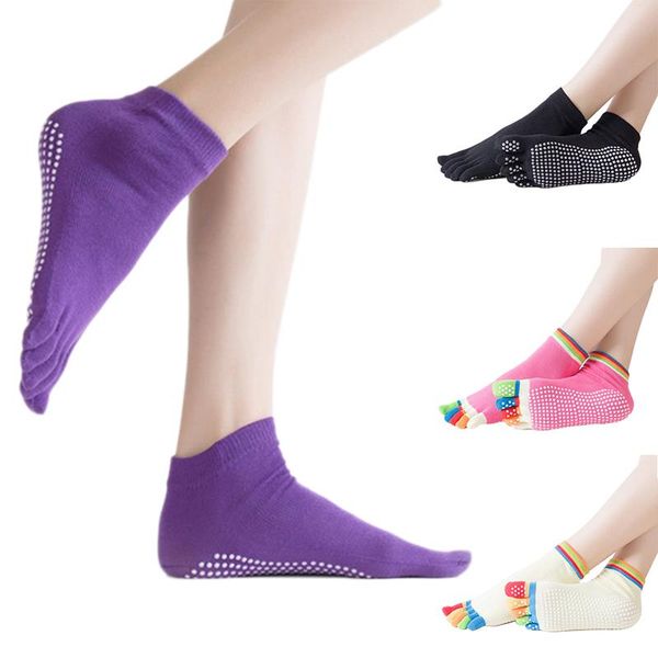 

sports socks 1 pair colorful rainbow workout anti slip toe women breathable yoga fitness pilates cotton, Black