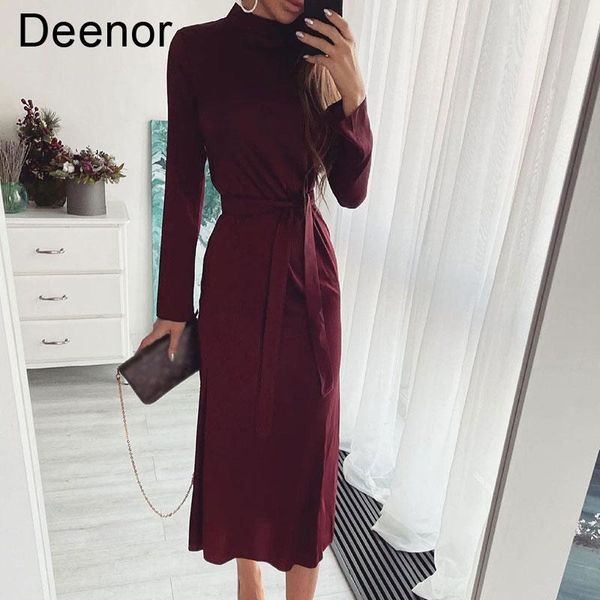 

casual dresses deenor solid long sleeve for women 2021 fashion autumn elegant dress with high collar women's, Black;gray