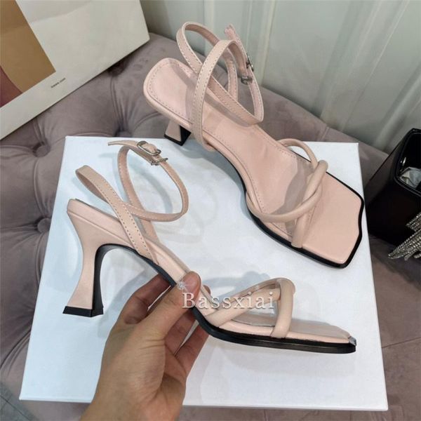 

sandals kitten heel square open toe women cross narrow band ankle strap real leather summer sandalias mujer, Black