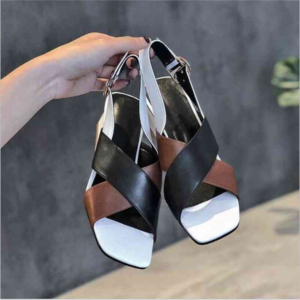 

open type toe rough square and one-word lap-up simple women's sandals, Black