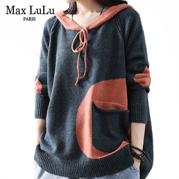 

max lulu winter korean fashion fitness jumper ladies thicken punk clothes womens hooded cotton knitted sweater vintage pullovers, White;black