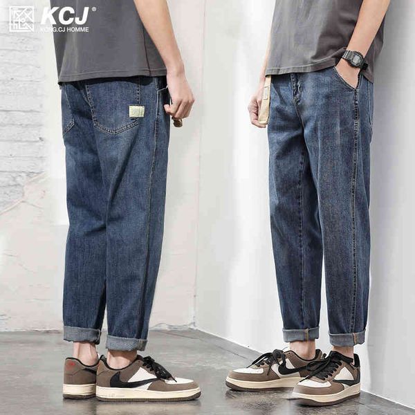 

loose straight jeans men's 2021 spring new nine point casual autumn and winter plush overalls, Blue