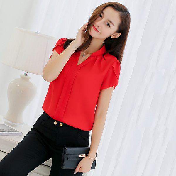 

basic summer short sleeve shirt casual ruffled fashion clothing stand collar chic chiffon blouses single row button women 210507, White